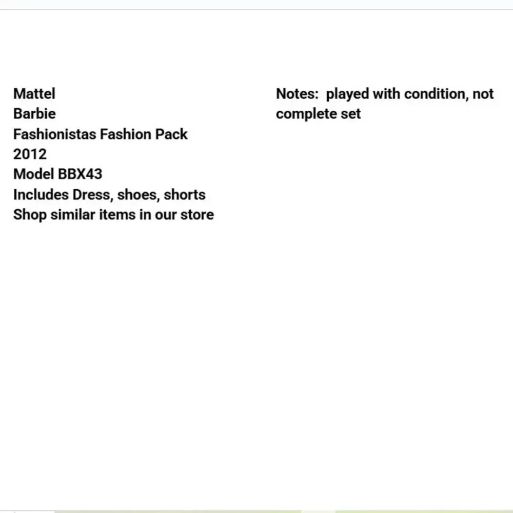 Barbie Fashionistas Fashion Pack 2012 BBX43 Dress Shoes Shorts